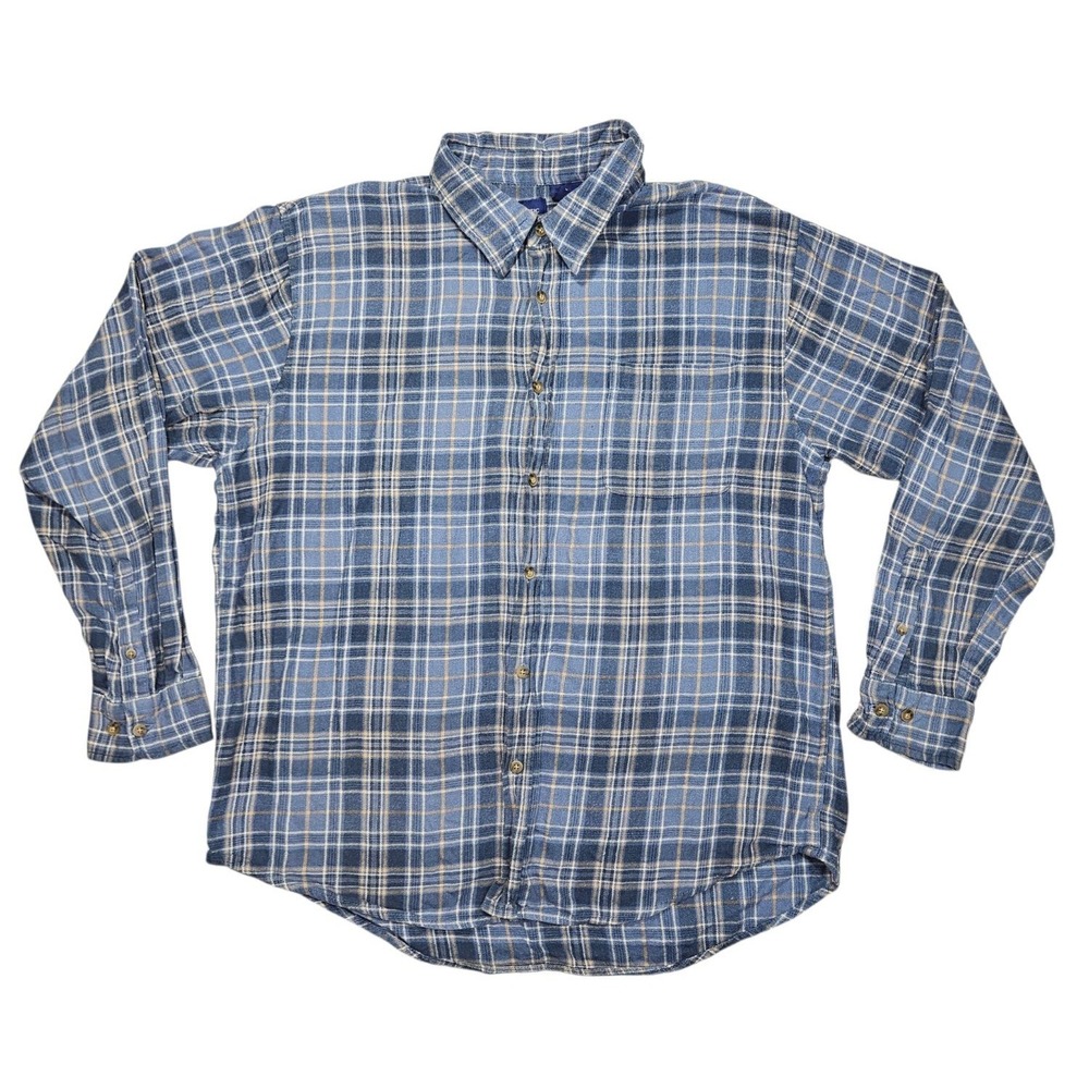 Basic Editions Mens Large Blue Tan Plaid Long Sleeve Button Front Shirt Cotton